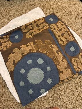 Pottery Barn Brown & Blue Embroidered Accent Pillow Cover